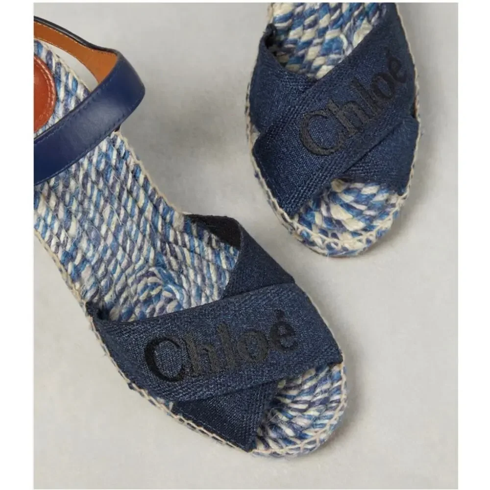 Chloe Piia Denim Logo Espadrille Wedge Sandals with Leather Straps‎ Size 36